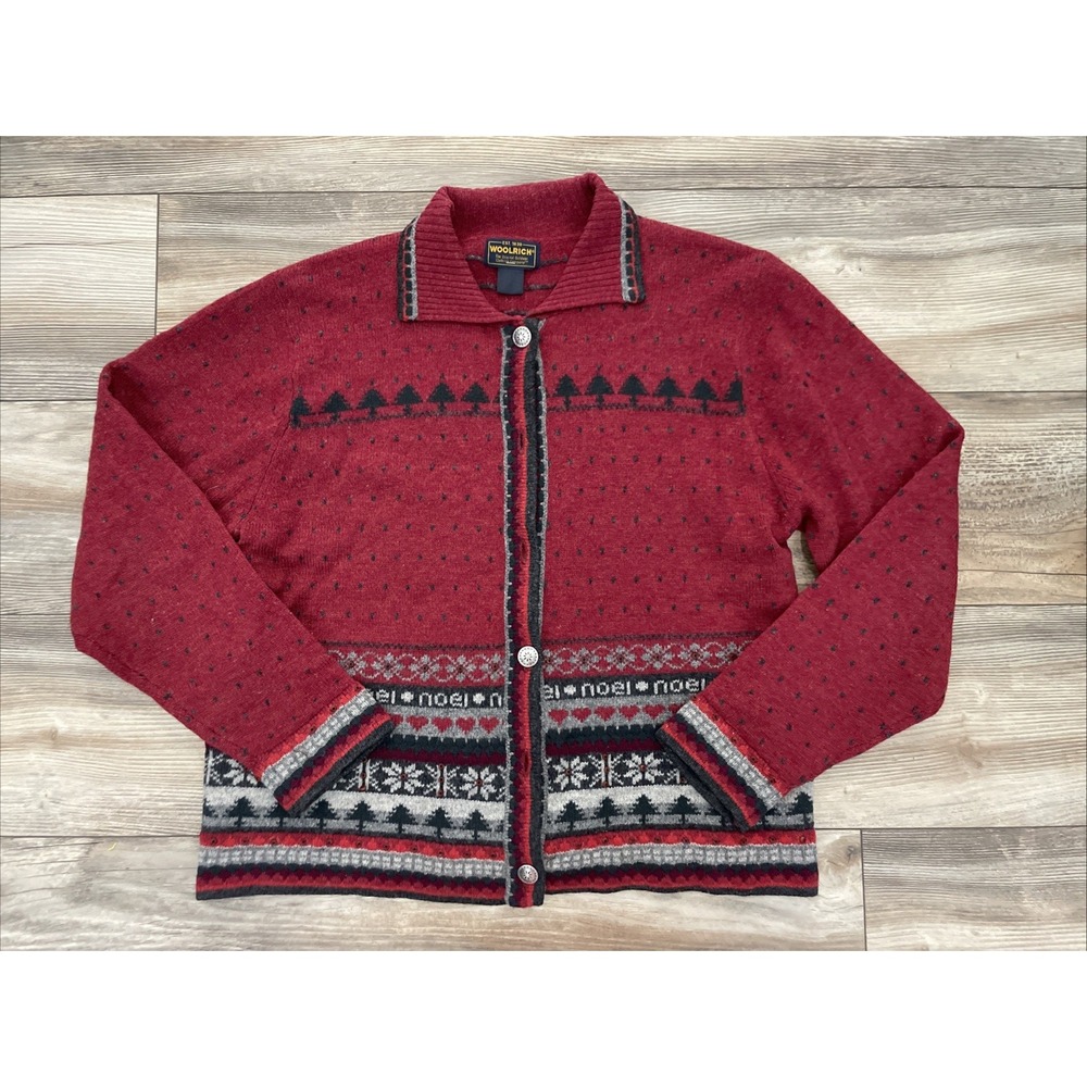 Woolrich Sweater Womens Large Red Lambswool Cardigan Button Fair Isle Noel Trees